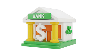 3D Cartoon Bank Building with Dollar Sign and Green Spheres