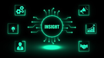 Naklejka premium Glowing green digital circuit board with central word I N S I G H T and surrounding icons for idea gears megaphone growth chart handshake and person