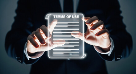 Person in suit holding holographic tablet displaying terms of use