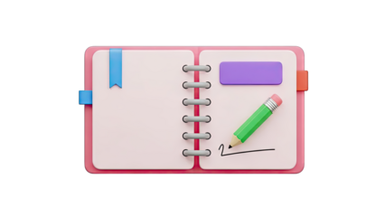 3D Illustration of a Pink Spiral Notebook with a Green Pencil