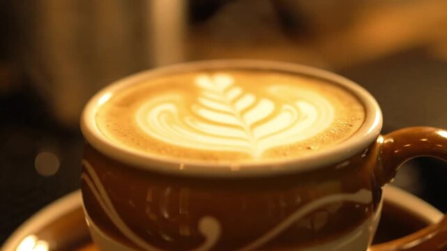 Close-up of a delicious latte with intricate leaf art in a cozy cafe setting