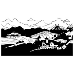 Japanese Village Landscape Illustration Featuring Mountains, Church, Windmill, Houses, Clouds, and Scenic Countryside Elements