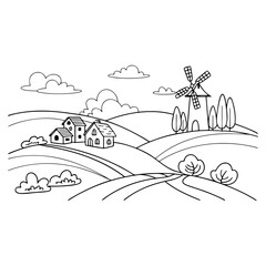 Rural Landscape Line Art Featuring Hills, Houses, Windmill, Trees, Clouds, and Winding Path in Monochrome