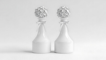 Two White Vases with Floral Arrangements and Ribbons on a Plain Background flowers