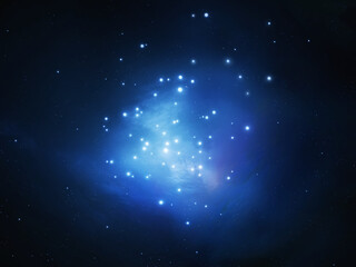 Pleiades in the sky isolated. Bright blue stars in space. Cluster of young stars.