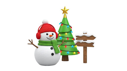 3D Christmas Snowman with Tree and Signpost