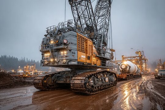 A massive crawler crane lifting a heavy concrete container