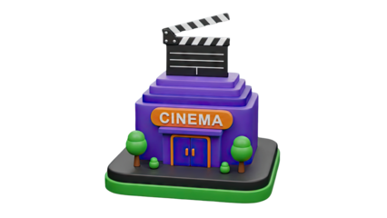 3D Cinema Building with Clapperboard and Trees