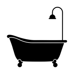 Clawfoot Bathtub Silhouette with Shower on White Background.