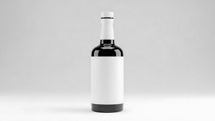 Empty dark glass bottle with white label on gray background transparent