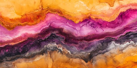 Abstract art featuring flowing layers of orange pink purple and black paint creating a dynamic design