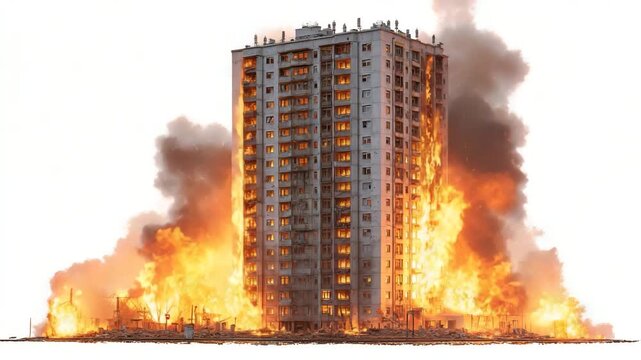 A tall building engulfed in flames with smoke rising isolated on white background