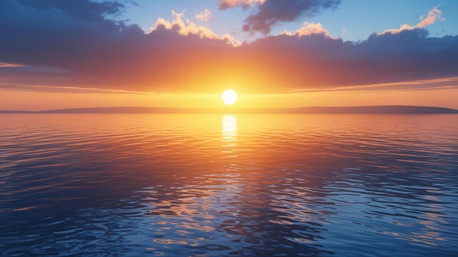 Serene sunset over calm ocean waters with vibrant sky - Powered by Adobe