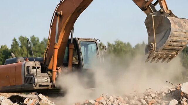 An excavator is breaking up bricks and debris. The excavator's bucket is full of debris.