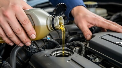 Obraz premium Mechanic hands pouring fresh engine oil from a bottle into a car engine during maintenance