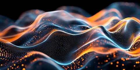 Abstract flowing wave pattern with orange and blue glowing particles on a black background
