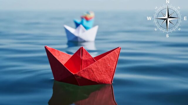 The image shows three colorful paper boats floating on a body of water. A compass rose is overlaid on the upper right corner of the image.