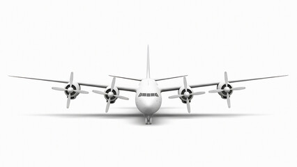 White vintage propeller airplane with four engines and a streamlined fuselage