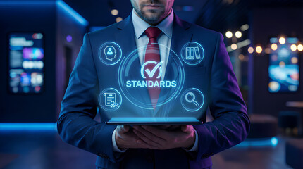 A professionally dressed man holds a tablet displaying digital standards and verification icons emphasizing quality control and business compliance in a modern setting