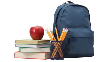 Back to School Education PNG with Backpack, Books, Apple and Stationery Isolated on White