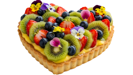 Heart Shaped Fruit Tart with Strawberries, Kiwi, Blueberries and Edible Flowers