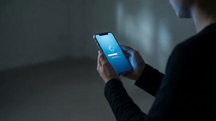 a person is holding a smartphone in a dimly lit room focused on the screen displaying a loading or processing indicator suggesting digital