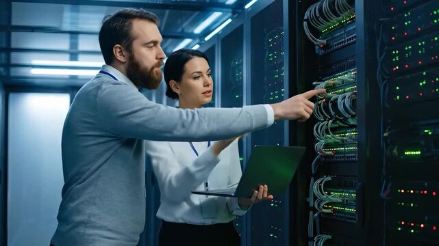Two IT professionals are examining a laptop in a server room. They are standing in front of server racks and seem to be discussing the data displayed.