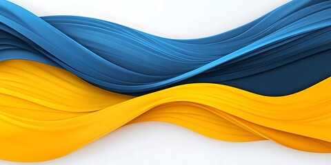Abstract image of flowing blue and yellow ribbons on a white background creating a wave like pattern