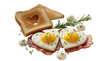 Heart Shape Fried Eggs and Toast Breakfast on Black Background