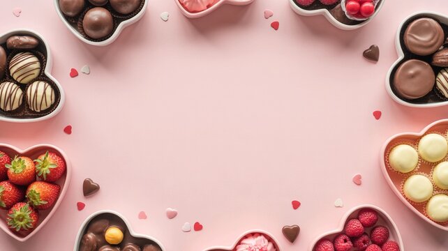 Heart shaped bowls filled with assorted chocolates and strawberries arranged in a circular frame on a pink background with scattered confetti - Powered by Adobe