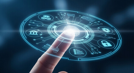 Finger touching a glowing circular interface with representing security and technology