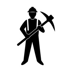 Miner Silhouette Icon with Pickaxe on White Background.
