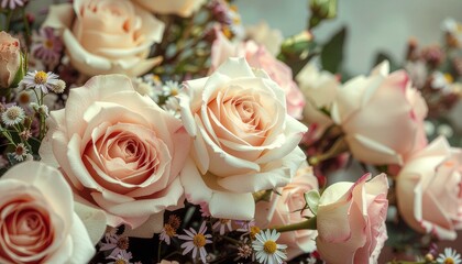 Beautiful peach roses in a lush bouquet with small flowers