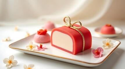 Luxury Japanese Wagashi Dessert with Red White Gold Accents, Minimal Festive Food