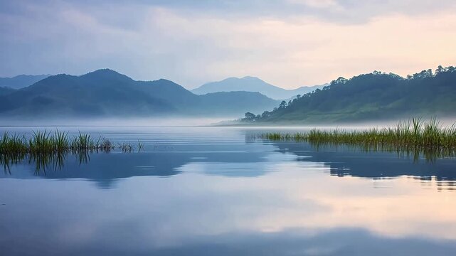 calm lake with mountain reflection