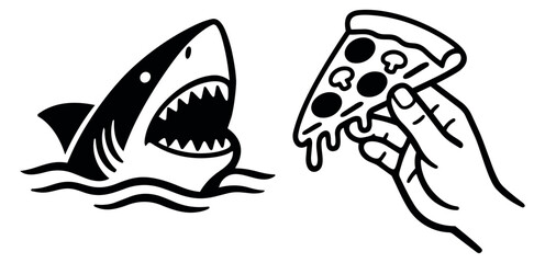 Fototapeta premium Graphic line art elements set featuring a shark and a hand holding a pizza slice for casual design