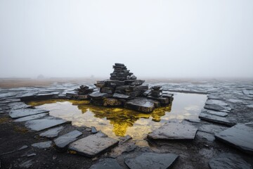 Stacked rocks on wet slate slabs in foggy landscape