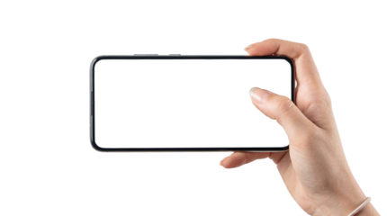 Woman hand holding smartphone horizontally with blank white screen isolated on transparent background