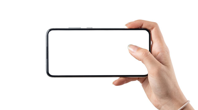 Woman hand holding smartphone horizontally with blank white screen isolated on transparent background