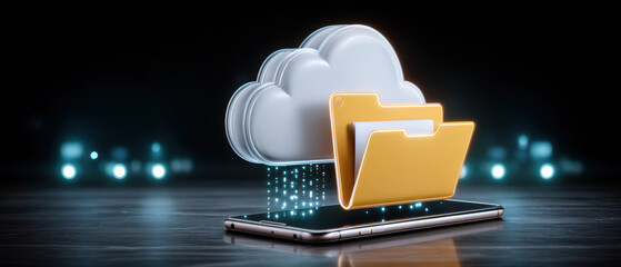 Secure cloud data transfer on smartphone with digital folder icon