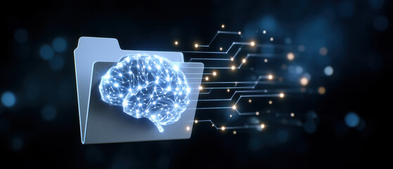 Abstract blue brain folder symbolizing smart data transfer with futuristic intelligence