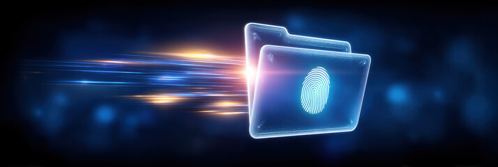 Futuristic blue digital folder accelerates for fast secure data transfer concept