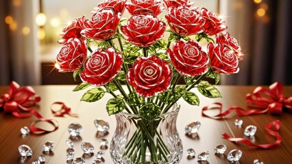 Radiant Glass Rose Blossoms with Intricate Details and a Shimmering Crystal Texture
