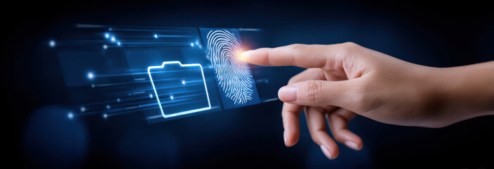 Confident hand touching digital folder for secure data transfer