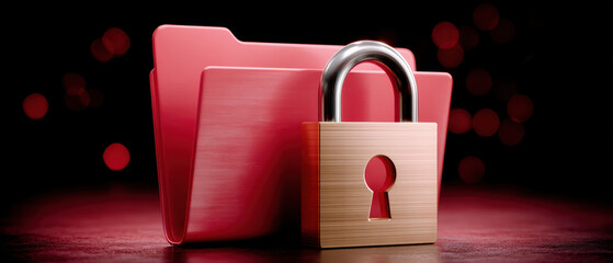 Secure pink file folder with gold padlock for safe data transfer concept