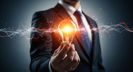Person in suit holding glowing light bulb with energy particles around