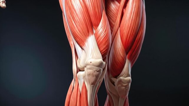 Detailed anatomical illustration of human leg muscles and skeletal structure.
