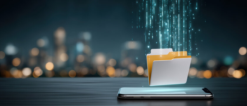 Efficient data transfer into digital mobile phone folder with glowing technology city lights - Powered by Adobe