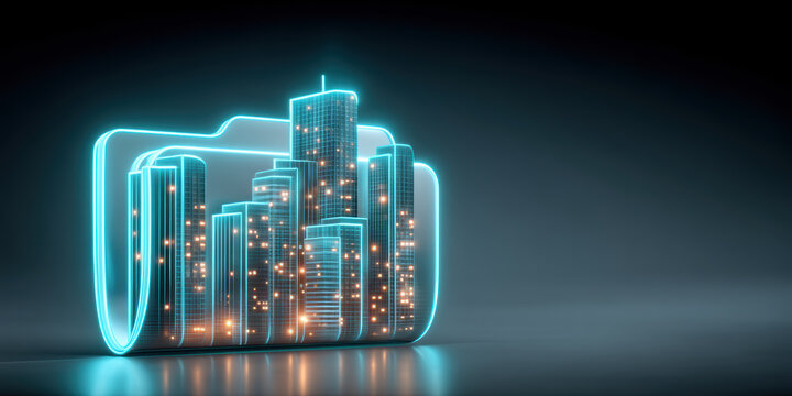 Futuristic digital folder holds neon city for smart data transfer technology