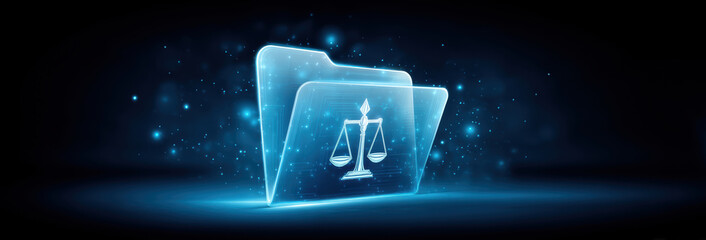 Glowing digital folder with justice scales for secure legal data transfer concept